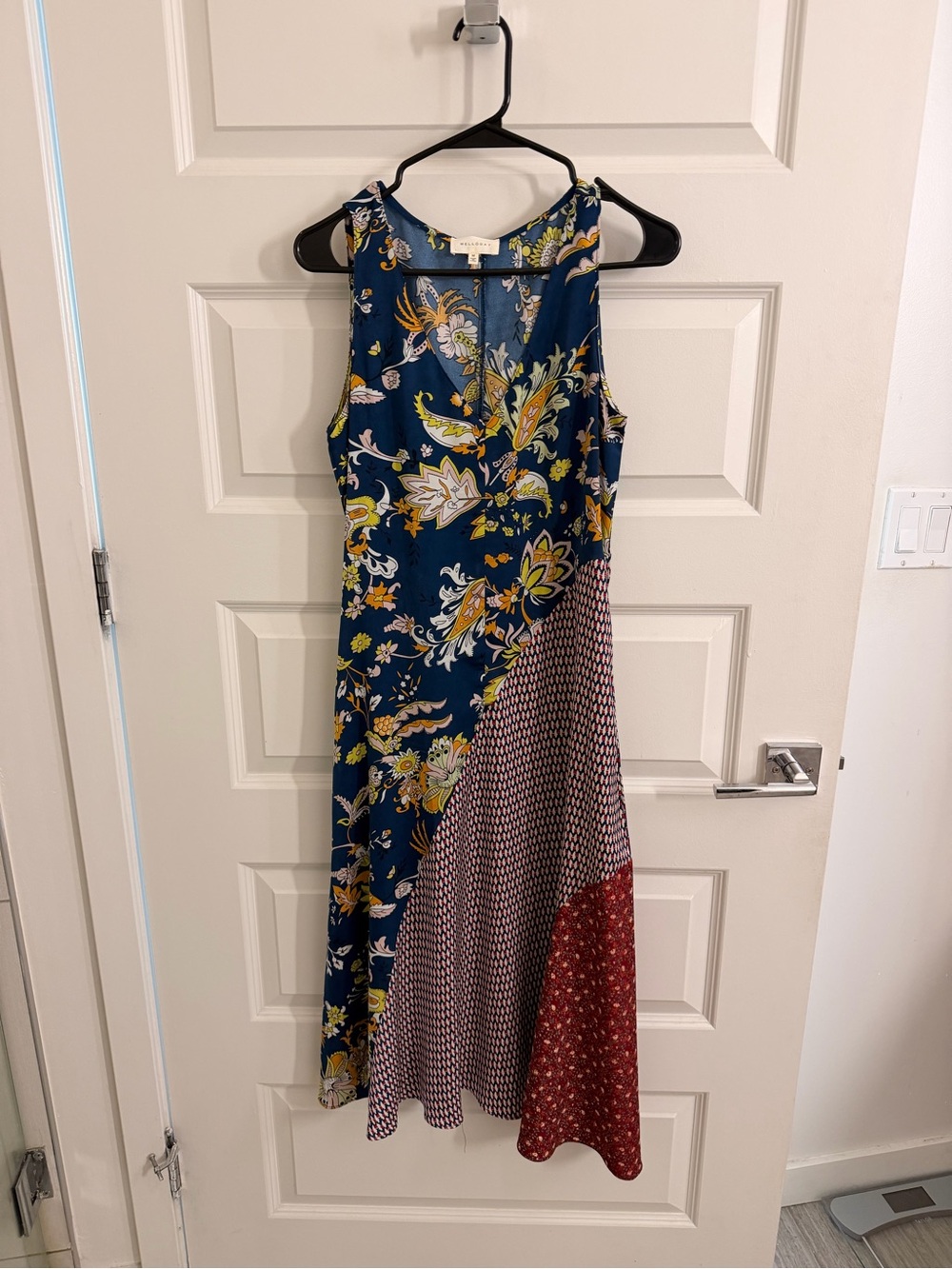 MELLODAY Navy Floral and Red Patchwork Midi Asymmetrical Dress